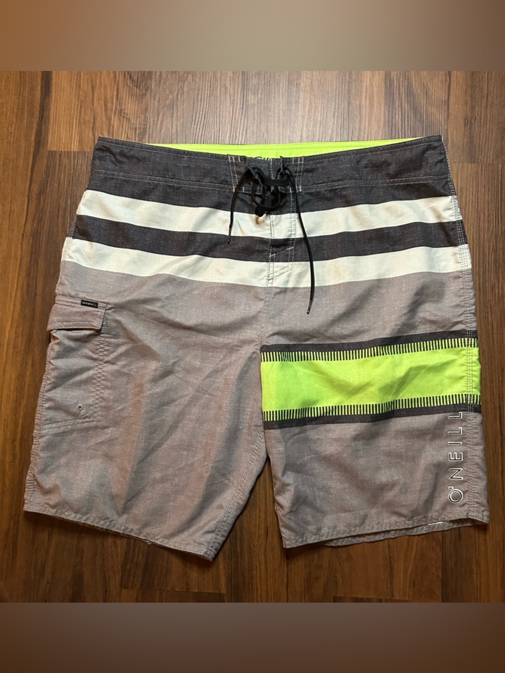 O'Neill Gray Board Shorts with Neon Green Stripe